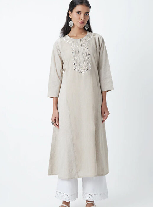 UtsaLightTaupeMirrorEmbroideredA-LineKurta